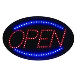 LED Oval Open Sign, 23 x 14, Black Frame, Blue/Red Graphics