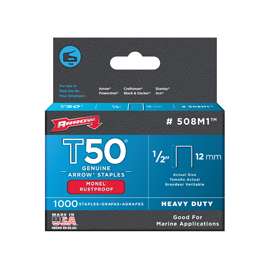 Arrow 508M1 Staple, T50 Staple, 3/8 in W Crown, 1/2 in L Leg, Monel Staple