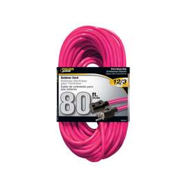 PowerZone Extension Cord, 12 AWG Cable, 80 ft L, 15 A, 125 V, Neon Pink