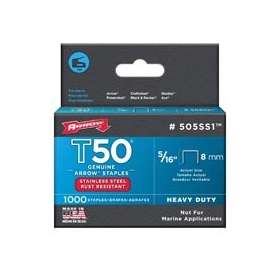 Arrow T50 Series 505SS1 Flat Crown Staple, 3/8 in W Crown, 5/16 in L Leg