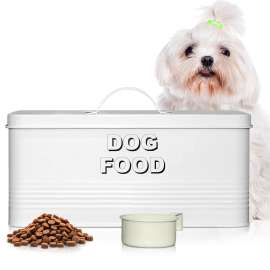 Plexon Dog Food Storage Container with Scoop, Metal Dog Food Container 10 lbs Holder Bin with Lid Small Pet Chow Storage Canister Tin, Treat Jars for Pets, 2 Gallons, White