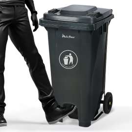 PLASTIC PRINCE 32 Gallon Step-On Large Outdoor Trash Can with Lid and Wheels - Outside Plastic Rolling Garbage Can - Rollout Commercial Heavy-Duty Container Barrel, Gray