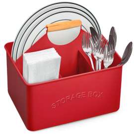 Plexon Metal Utensil Caddy With Handle - Farmhouse Rustic Kitchen Utensil Holder for Party Picnic Table Garden - Tool Cutlery Flatware Silverware Caddy Organizer Storage, Red