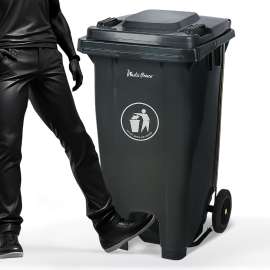 PLASTIC PRINCE 65 Gallon Step-On Rollout Trash Can with Lid, Commercial Heavy-Duty Container with Wheels, Gray