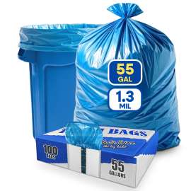 PLASTIC PRINCE 55 Gallon Trash Bags 2 Mil Heavy Duty Fit Rubbermaid Brute Rollout Round and Square 32-55 gal Trash Cans 36" x 50" Large Durable Garbage Trash Can Liners, Blue Pack of 100