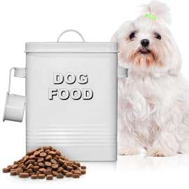 Plexon Dog Food Storage Container with Scoop, Metal Dog Food Container Holder Treat Bin with Lid Small Pet Chow Storage Canister Tin 1.5 Gallon, 7 lbs, White