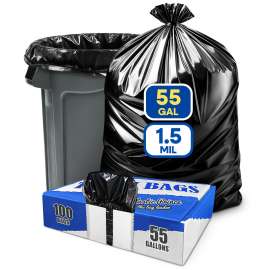 PLASTIC PRINCE 55 Gallon Trash Bags Heavy Duty Large Contractor Garbage Bags for Rubbermaid Brute 44-55 Gallon Trash Cans 38x58 Black Trash Can Liners 1.5 Mil, Pack of 100