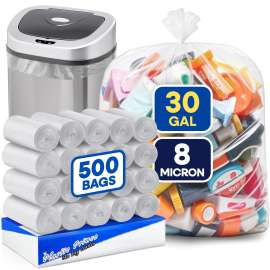 PLASTIC PRINCE 20-30 Gallon Trash Bags, Clear Trash Bags 30"W x 37"L, 8 Micron Clear Garbage Bags, 20-30 Gal High-Density Garbage Can Liners, Fits Square and Round Trash Cans, Pack of 500