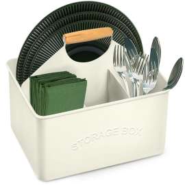 Plexon Metal Utensil Caddy With Handle - Farmhouse Rustic Kitchen Utensil Holder for Party Picnic Table Garden - Tool Cutlery Flatware Silverware Caddy Organizer Storage, Off-White