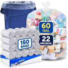 PLASTIC PRINCE 55-60 Gallon Trash Bags, Clear Trash Bags 38"W × 60"L, 22 Micron Clear Garbage Bags, 55-60 Gal High-Density Garbage Can Liners, Fits Square and Round Trash Cans, Pack of 150