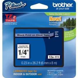Brother P-touch TZe Laminated Tape Cartridges, 15/64", Rectangle, Clear, Black, 1 Each