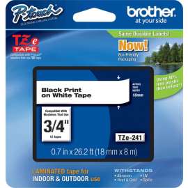Brother P-Touch TZe Flat Surface Laminated Tape, 45/64" Width, Rectangle, White, Polyethylene Terephthalate (PET), Polyester Film