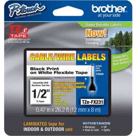 Brother Flexible Cable/Wire TZe ID Tape, 15/32" Width x 26 1/5 ft Length, Removable Adhesive, Rectangle, Thermal Transfer