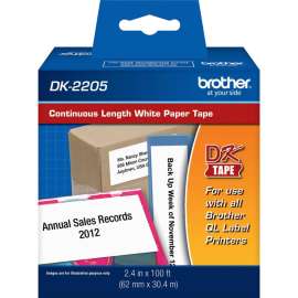 Brother DK2205, Continuous Length White Film Paper Tape, 2.44" Width x 100 ft Length, Direct Thermal, 1 / Roll