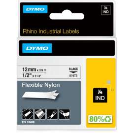 Dymo Rhino Flexible Nylon Labels, 1/2" x 11 1/2 ft Length, Thermal Transfer, White, Black, Nylon