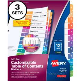 Avery® Customizable Table of Contents Dividers, Ready Index(R) Printable Section Titles, Preprinted 1-12 Multicolor Tabs, 3 Sets (11073)