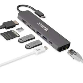 Plugable 7-in-1 USB C Hub Multiport Adapter w Ethernet Turns a Single Port into a 7-in-1 USB-C Hub, Compatible with Mac, Windows, Chromebook, Dell XPS and Thunderbolt 3 (87W Charging, Gigabit Ethernet, 4K HDMI, 2x USB, SD/microSD)