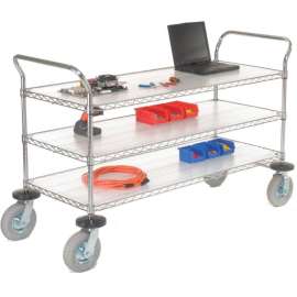 Nexel Chrome Wire Shelf Instrument Cart w/3 Shelves, 1200 Ib. Capacity, 60"L x 24"W x 44"H