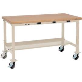 Global Industrial 72 x 36 Mobile Production Workbench - Power Apron - Shop Top Safety Edge Tan