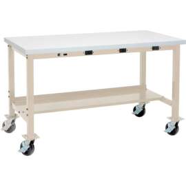 Global Industrial 72 x 24 Mobile Lab Workbench - Power Apron - Laminate Square Edge - Tan