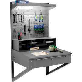 Global Industrial Wall Mount Shop Desk w/ Pegboard & Top Shelf, 34-1/2"W x 30"D, Gray