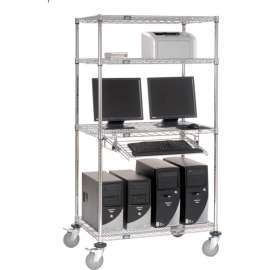 Nexel 4-Shelf Mobile Wire Computer LAN Workstation w/Keyboard Tray, 36"W x 24"D x 69"H, Chrome