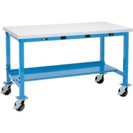 Global Industrial 72 x 30 Mobile Production Workbench - Power Apron, Laminate Square Edge Blue