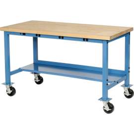 Global Industrial 72 x 36 Mobile Production Workbench - Power Apron - Maple Square Edge - Blue