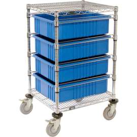 Global Industrial Chrome Wire Cart With (4) 6"H Blue Grid Containers 21x24x40