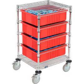 Global Industrial Chrome Wire Cart With (4) 6"H Red Grid Containers 21x24x40