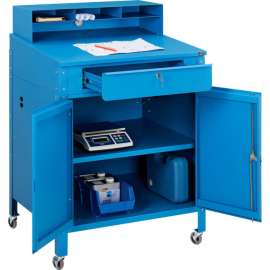 Global Industrial Mobile Cabinet Shop Desk w/ Pigeonhole Riser, 34-1/2"W x 30"D, Blue