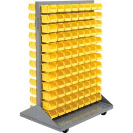 Global Industrial Double Sided Mobile Floor Rack w/ 192(B) Yellow Bins, 36"W x 25-1/2"D x 55"H