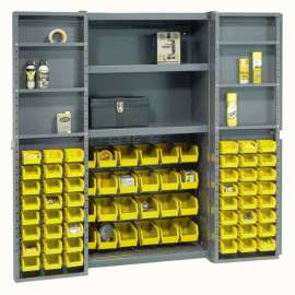 Bin Cabinet Deep Door, 72 YL Bins, Shelves, 16 Ga Assembled Cabinet 38x24x72