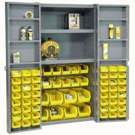 Bin Cabinet Deep Door, 68 YL Bins, Shelves, 16 Ga Assembled Cabinet 38x24x72