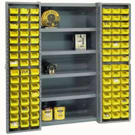 Bin Cabinet Deep Door, 96 YL Bins, Shelves, 16 Ga Assembled Cabinet 38x24x72