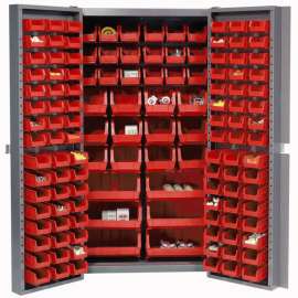 Bin Cabinet Deep Door - 132 Red Bins, 16Ga. Assembled Cabinet 38 x 24 x 72