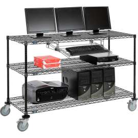 Nexel 3-Shelf Mobile Wire Computer LAN Workstation w/Keyboard Tray, 60"W x 24"D x 40"H, Black