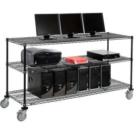 Nexel 3-Shelf Mobile Wire Computer LAN Workstation, 72"W x 24"D x 40"H, Black