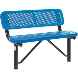 Global Industrial 4' Outdoor Steel Bench w/ Backrest, Perforated Metal, In Ground Mount, Blue