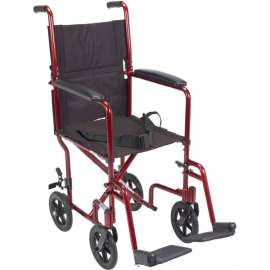 Lightweight Aluminum Transport Wheelchair, Red Frame, 19" Seat Width