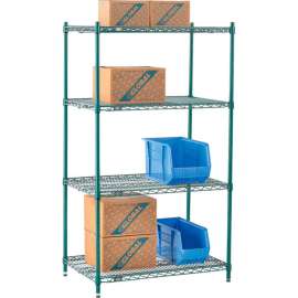 Nexel Poly-Green, 4 Tier, Wire Shelving Starter Unit, 36"W x 21"D x 63"H
