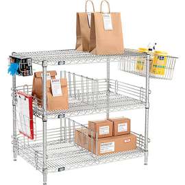Nexel Chrome, To Go Rack, 3 Wire Shelves, Dividers & Ledges, 36"W x 18"D x 34"H
