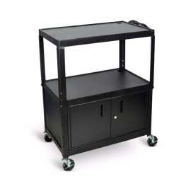 Luxor Extra Large Adj Height Steel AV Cart w/ Cabinet, 3 Shelves, Blk, Electric, 24" to 42"H
