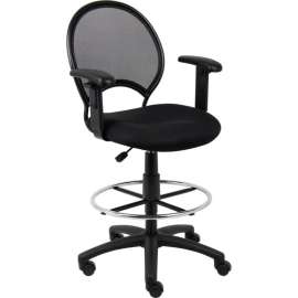 Boss Mesh Drafting Stool with Adjustable Armrest - Fabric - Black