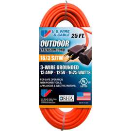 U.S. Wire 60025 25 Ft. Three Conductor Orange Extension Cord, 16/3 Ga. SJTW-A, 300V, 13A