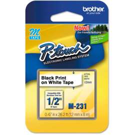Brother P-Touch M Series Tape Cartridge, 1/2"W, Black on White