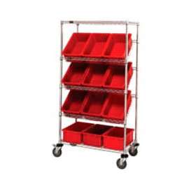 Global Industrial Easy Access Slant Shelf Chrome Wire Cart 12 8"H Grid Containers Red 36x18x63