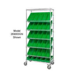Global Industrial Easy Access Slant Shelf Chrome Wire Cart 24 4"H Shelf Bins Green 36Lx18Wx74H