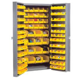 Bin Cabinet Deep Door - 132 Yellow Bins, 16 Ga. Unassembled Cabinet 38x24x72