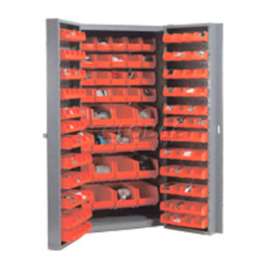 Bin Cabinet Deep Door - 144 Red Bins, 16-Gauge Unassembled Cabinet 38x24x72